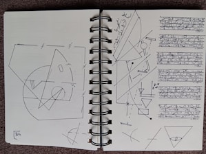 A sketchbook with handwritten notes and doodles on graph paper.