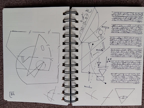 Open notebook showing pages with subtle esoteric illustrations in black and white.