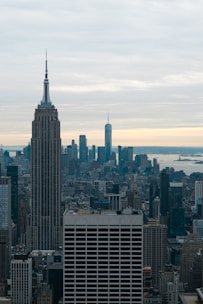 A cityscape featuring prominent skyscrapers, with the notable Empire State Building in the foreground. The skyline extends into the distance with more modern buildings, and the sky is overcast with muted light.