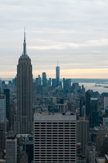 A cityscape featuring prominent skyscrapers, with the notable Empire State Building in the foreground. The skyline extends into the distance with more modern buildings, and the sky is overcast with muted light.