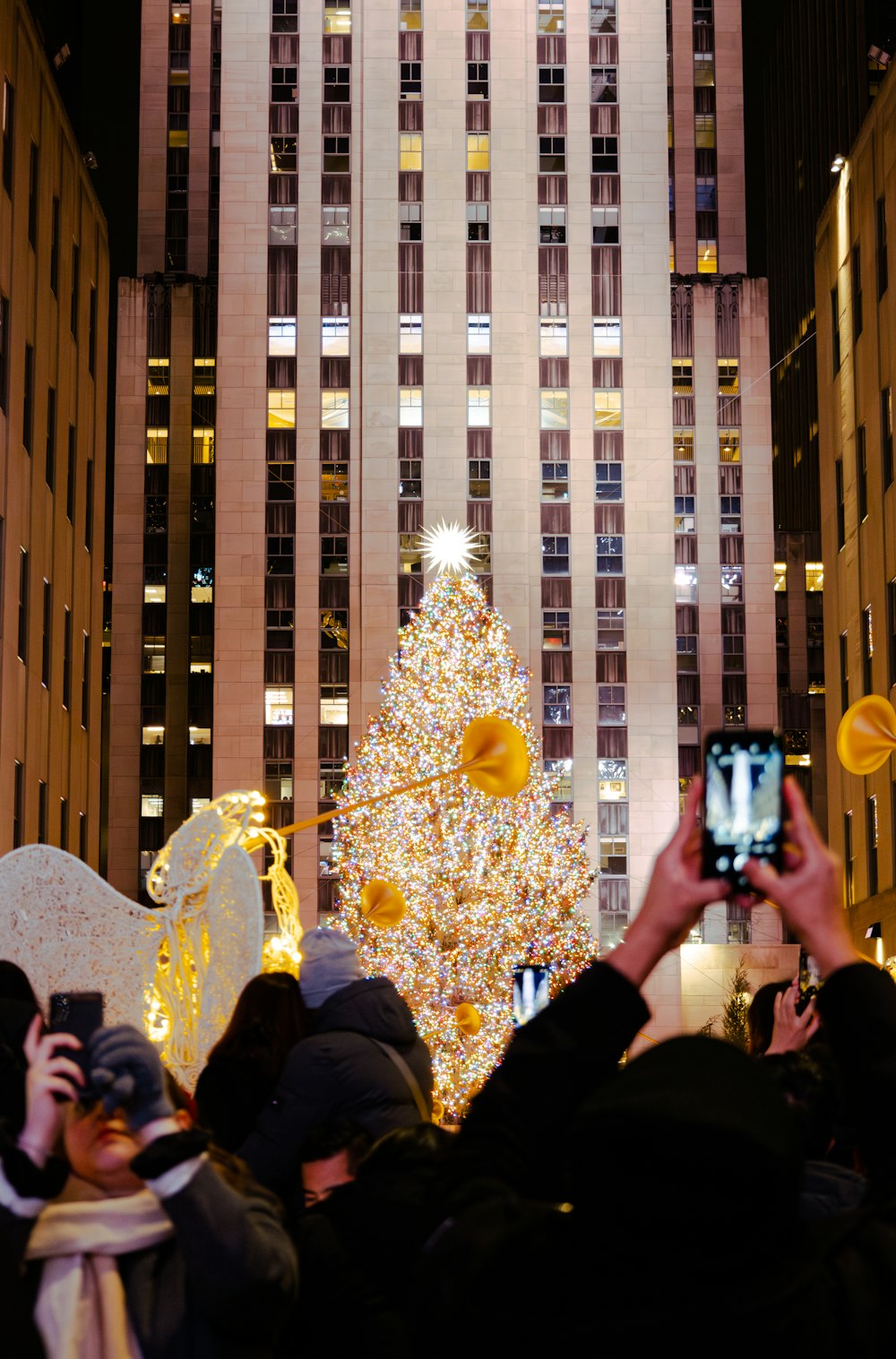 a crowd of people taking pictures of a christmas tree