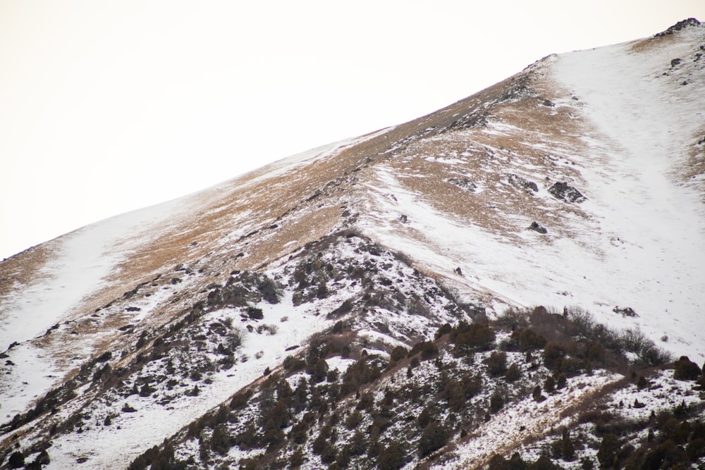 a mountain covered in snow with a sky background