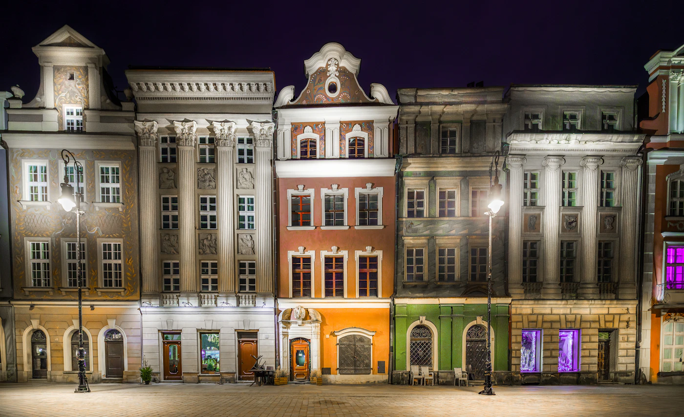 Colourful Poznań Old Market Square at night