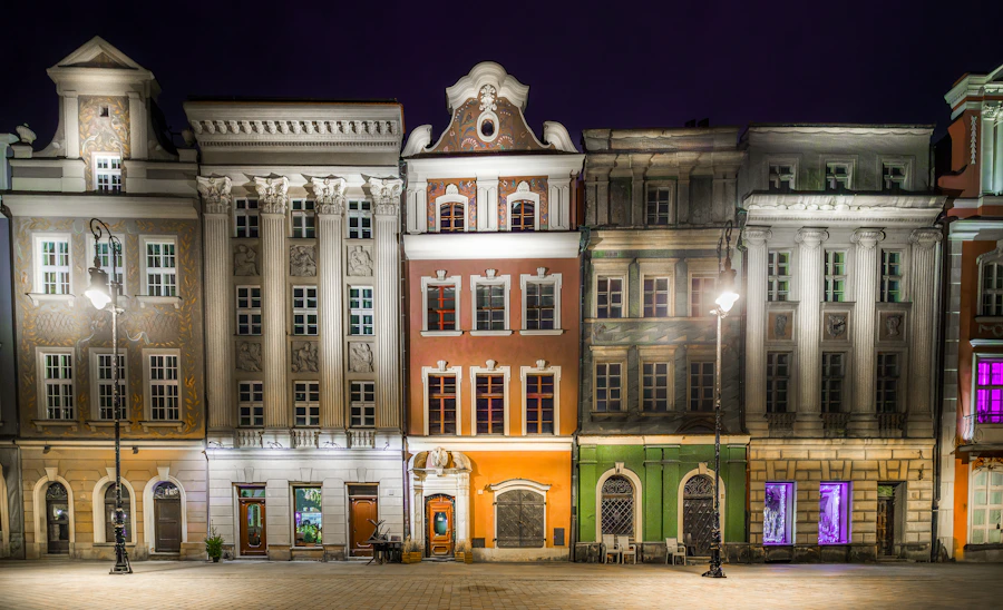 Colourful Poznań Old Market Square at night