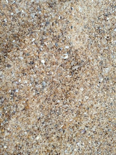 A close-up view of coarse sand consisting of a variety of small stones and pebbles. The individual particles range in color from light beige to darker shades of gray and brown.