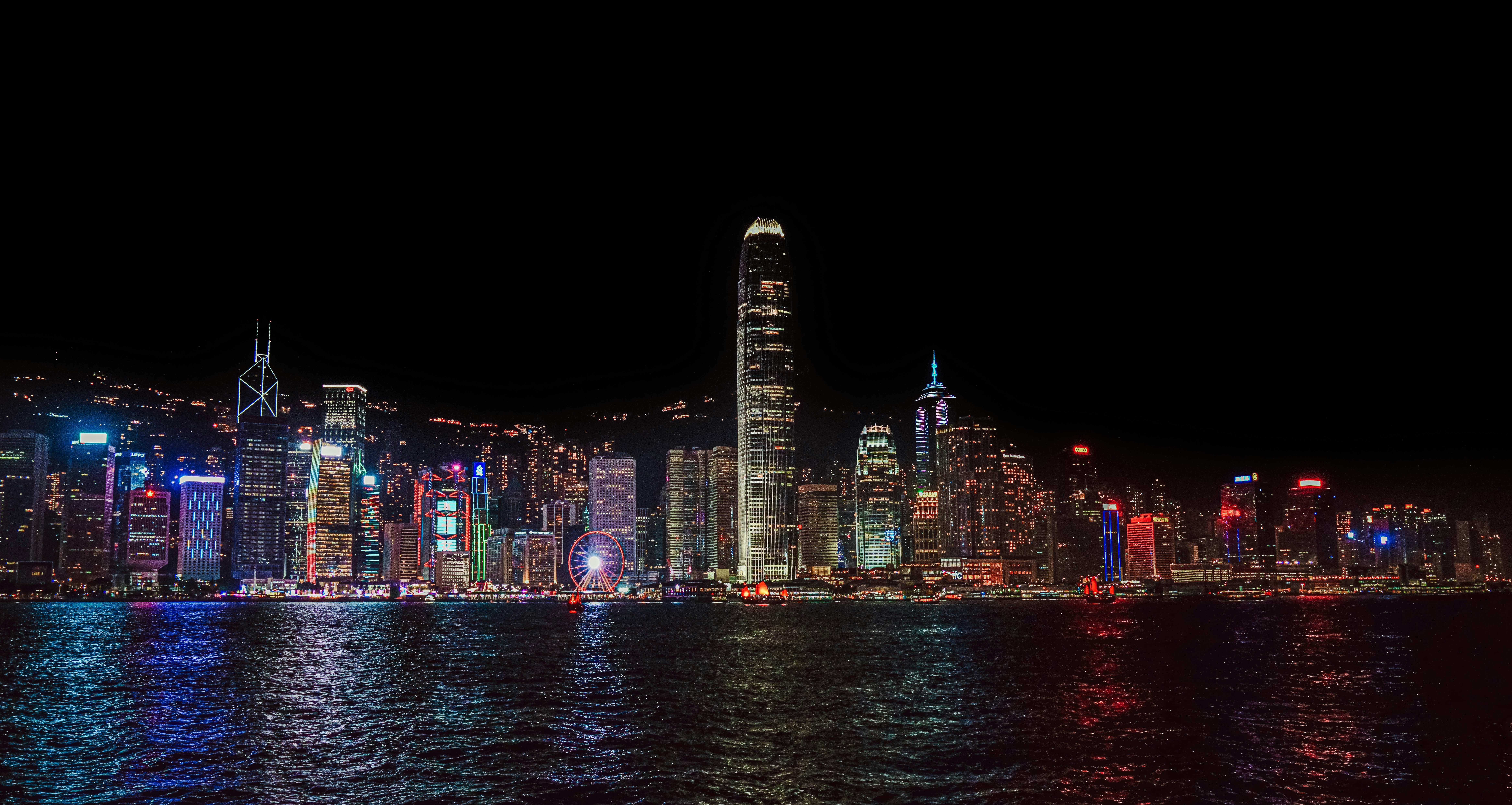 Neon city skyline at night