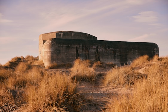 A large, weathered concrete bunker is situated in a landscape dominated by dry, golden grass and sand dunes. The structure appears abandoned and stands solidly against a sky painted with soft pastel shades of pink and blue, indicating either sunrise or sunset.