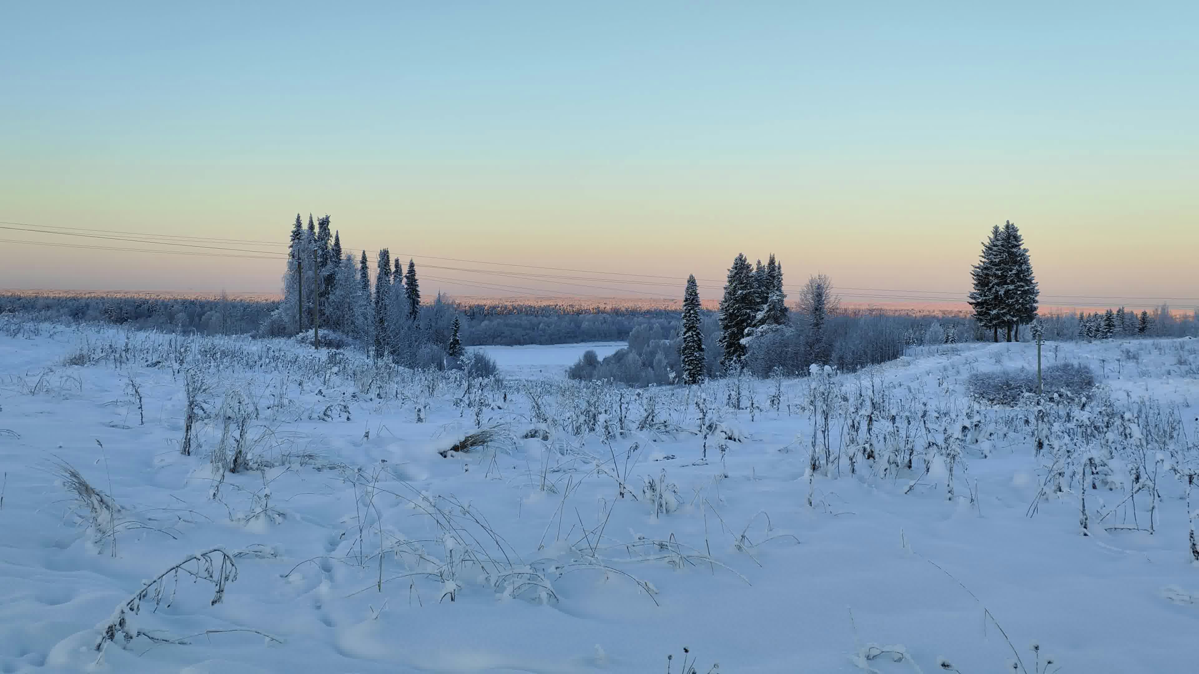 a field covered in snow with trees in the background