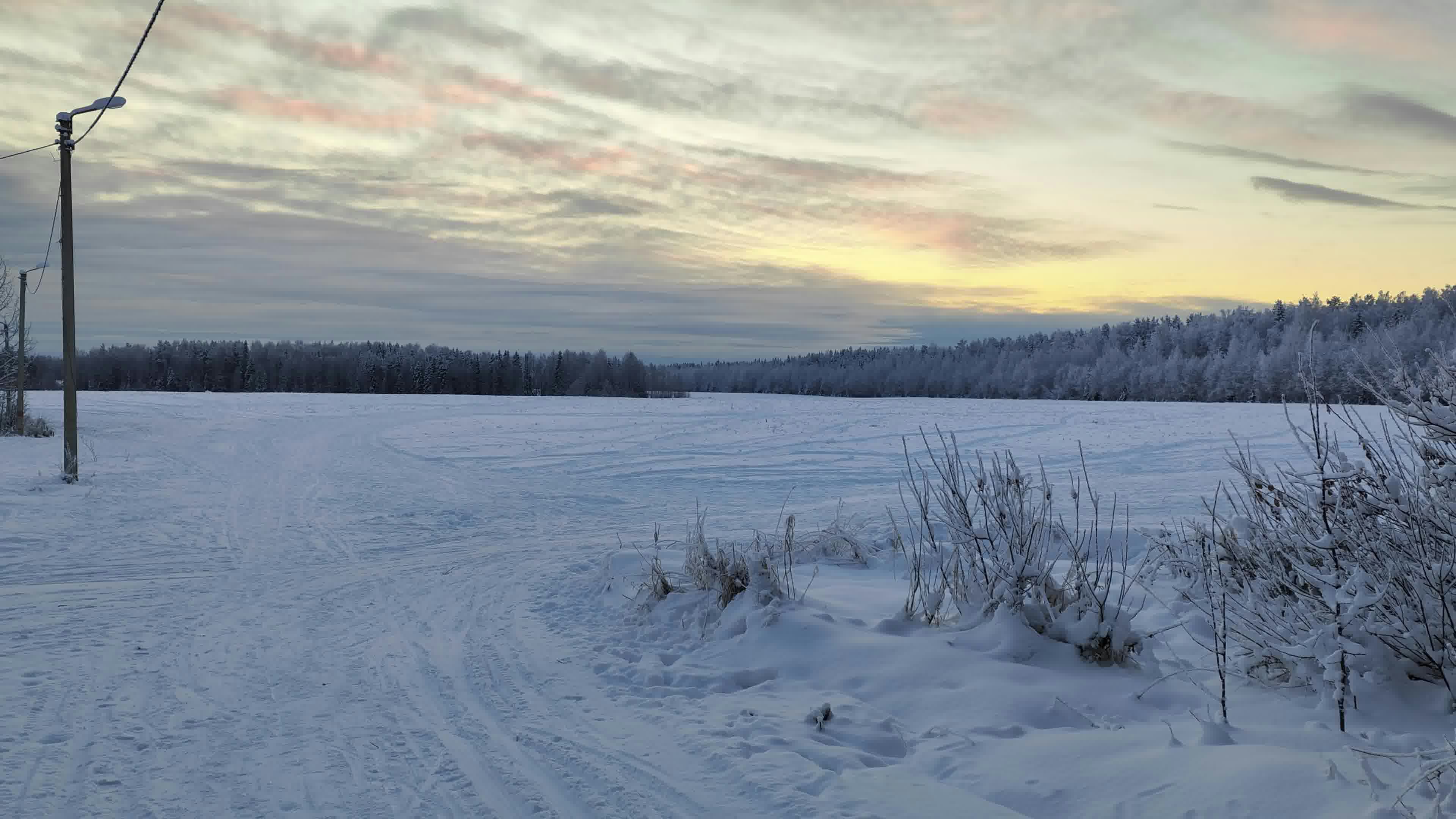 a snow covered field with a telephone pole in the distance