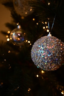 A close-up of sparkling New Year’s Eve decorations featuring elegant gold and silver ornaments.