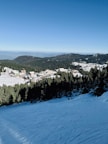 A scenic view of a ski resort nestled in a mountainous region. There is a wide expanse of snow-covered slopes in the foreground, surrounded by dense evergreen forests. In the background, several resort buildings with distinct architecture are visible, set against the backdrop of rolling hills and a clear blue sky.