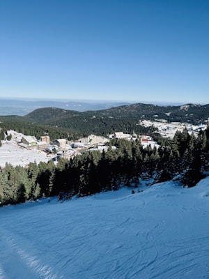 A scenic view of a ski resort nestled in a mountainous region. There is a wide expanse of snow-covered slopes in the foreground, surrounded by dense evergreen forests. In the background, several resort buildings with distinct architecture are visible, set against the backdrop of rolling hills and a clear blue sky.