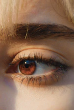 Close-up of a client’s perfectly shaped semi-permanent brows in warm natural light.
