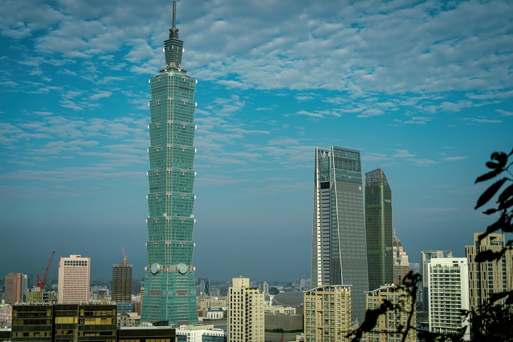 a view of a very tall building in a city