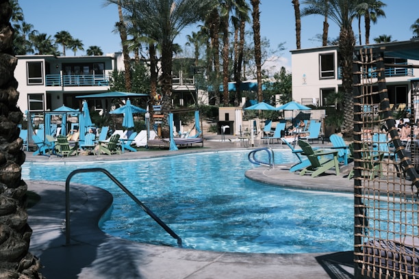 A sunlit poolside scene with inviting lounge chairs and a sparkling saltwater pool surrounded by desert plants.