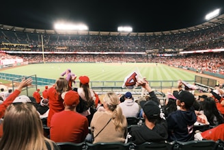 A crowded baseball stadium filled with spectators wearing red and black attire, seated and facing the field. The game is ongoing, with players visible in the distance under bright stadium lights. Flags and banners are being waved by the enthusiastic fans.