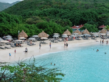 A scenic beach with white sand, lined with several thatched-roof umbrellas and lounge chairs. People are enjoying various activities like swimming and walking along the shore. Dense green foliage and hills form the backdrop, enhancing the tropical atmosphere.