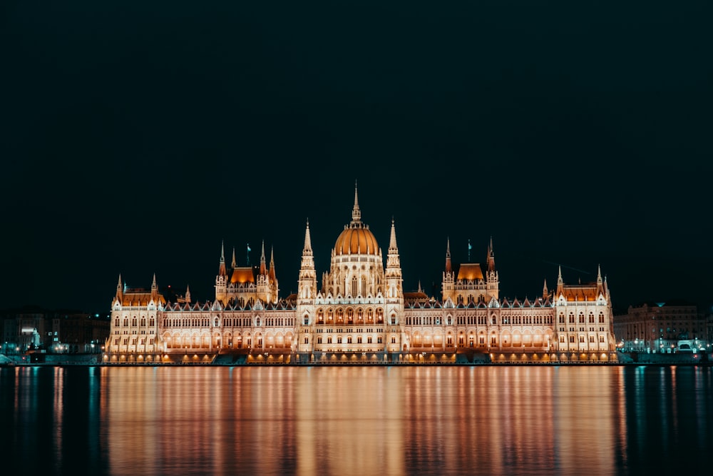 a large building that is lit up at night