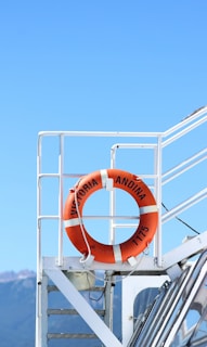 A bright orange life preserver is mounted on the white railing of a boat deck. The background features a clear blue sky with mountains visible in the distance. The life preserver is marked with the text 'Victoria Andina 1175'.