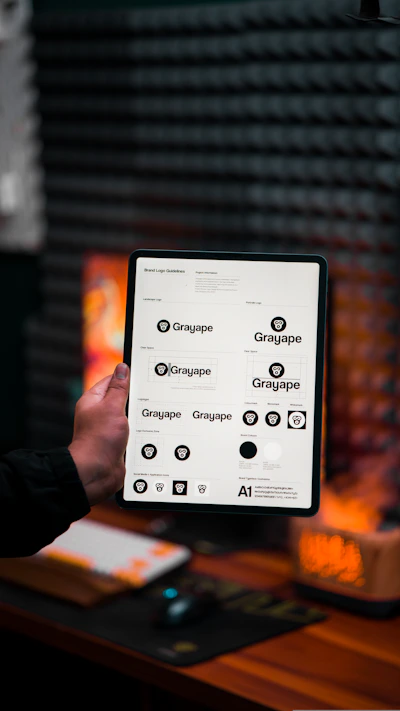 a person holding up a tablet with a bunch of buttons on it
