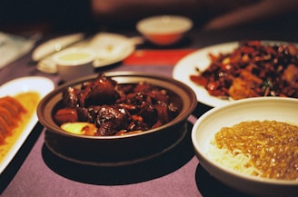 A table is set with a variety of Asian dishes, including a bowl of rich, dark glazed meat in a brown sauce, a plate of noodles with a golden sauce, and a dish of dumplings. The setting has a warm, ambient lighting that enhances the deep, rich colors of the food.