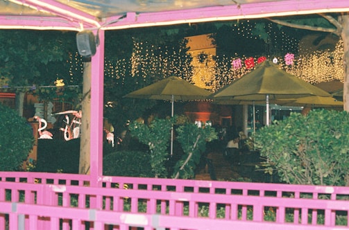 Outdoor garden party with vibrant fuchsia and green themed decorations and fairy lights.