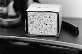 A black and white photograph of a small rectangular box on a dark surface. The box features minimalistic line drawings including a tree, sunglasses, mountains, a bridge, a camera, a map, and other assorted objects, giving a travel or adventure theme.