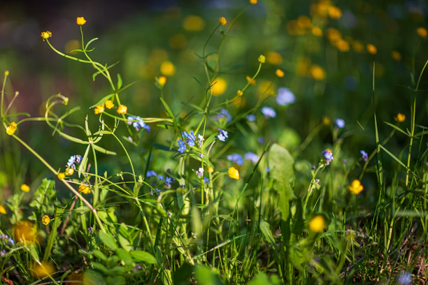 A warm, sunlit wildflower meadow with stones scattered gently among colorful blooms.