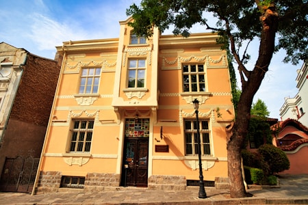 A beautifully preserved historic building with ornate architectural details, featuring cream-colored walls and large windows. The structure has intricate moldings and decorative elements around the windows and doors. In front of the building, a black streetlamp stands next to a tall, leafy tree, with other trees and bushes surrounding the area.
