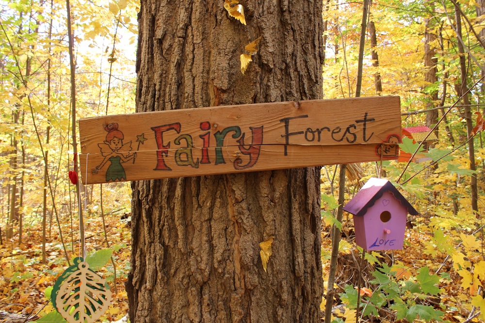 un letrero de madera que dice bosque de hadas colgado de un árbol