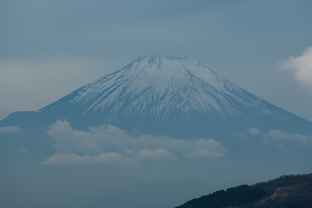 a snow covered mountain in the middle of a cloudy sky