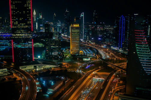 An international skyline with glowing trade routes connecting major cities.