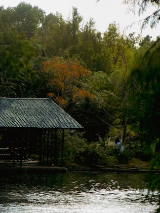 A serene lakeside hotel nestled among lush greenery with solar panels on the roof.