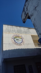 A building wall with a large emblem featuring an image of a person paddling a boat on a river. The text 'Bayan ng Buhi, Camarines Sur' surrounds the emblem. The structure appears to be concrete with visible weathering. A clear blue sky and part of a shadowed overhang are also visible.