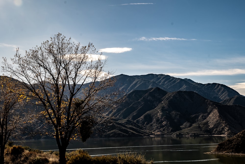 a view of a mountain range with a lake in the foreground