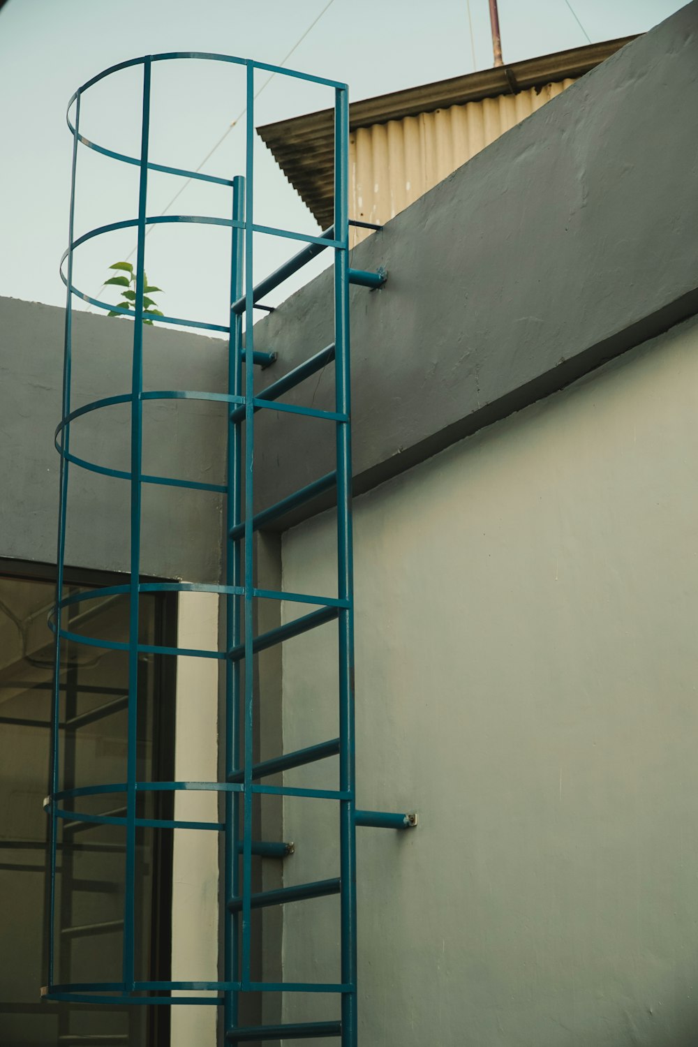 a tall blue metal ladder next to a building