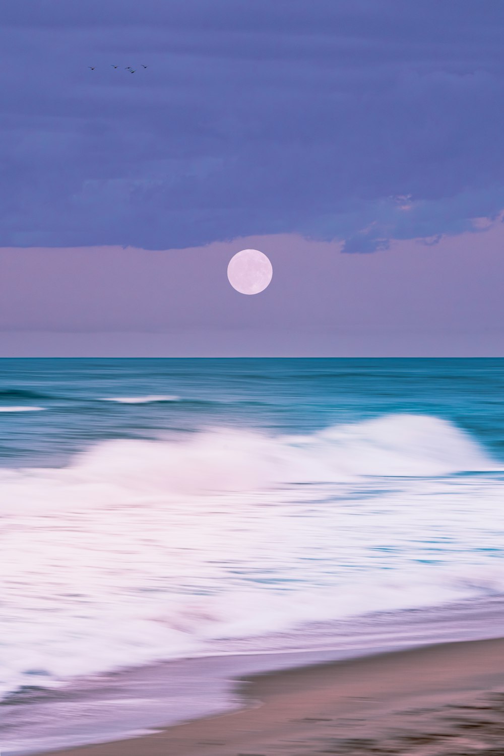 a full moon is seen over the ocean