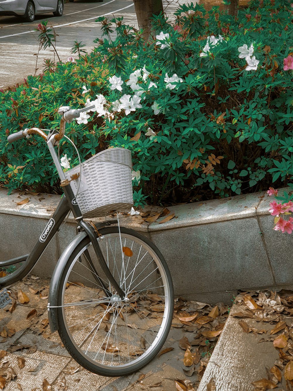 a bicycle parked next to a flower bed