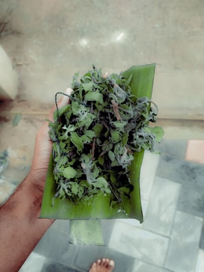 A hand holding a green leafy bunch wrapped in a banana leaf, with a tiled floor visible in the background.