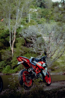 A sports motorcycle with striking red and white details is parked in a lush, green natural setting. The bike features prominent red wheel rims and a sleek, aerodynamic design. Trees and a body of water can be seen in the background, adding a serene contrast to the motorcycle's dynamic appearance.
