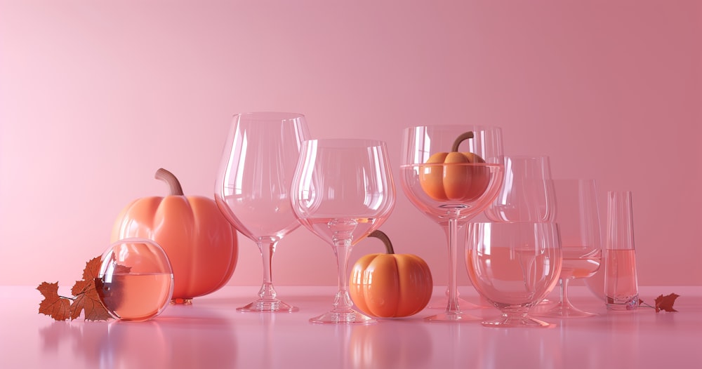 a table topped with lots of wine glasses and pumpkins