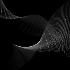 Elegant corporate event setup with dark modern design and fine white wavy lines on black background.