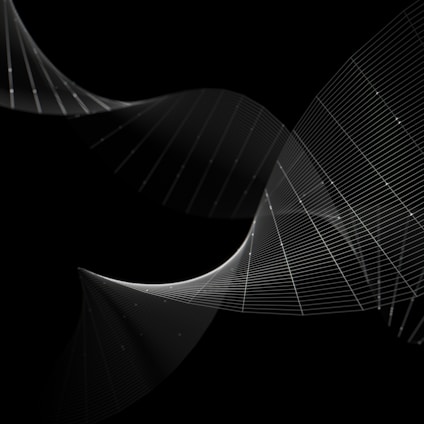 Elegant corporate event setup with dark modern design and fine white wavy lines on black background.