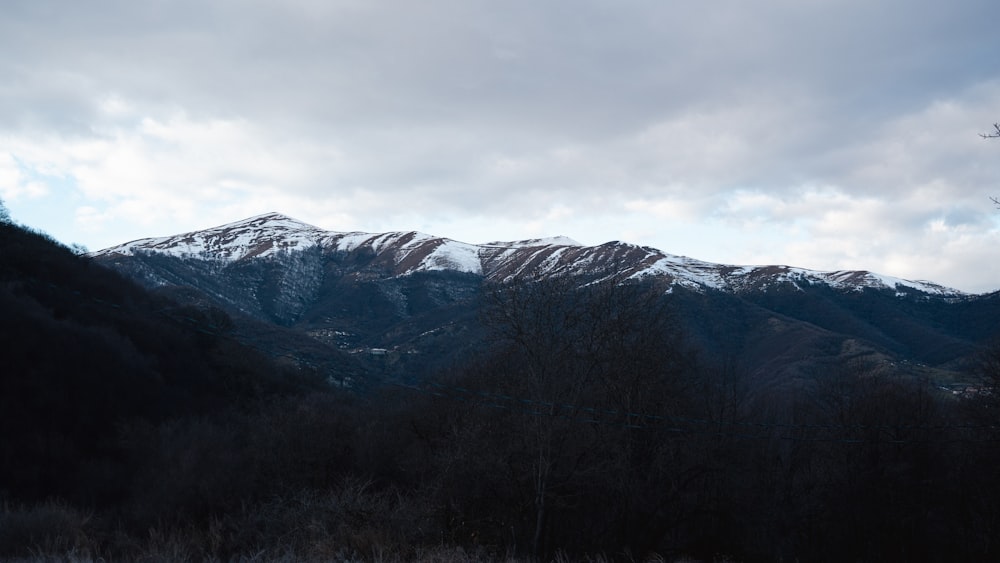 a view of a snowy mountain range from a distance