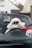 A person dressed in a Santa Claus outfit, complete with a red suit and white beard, is sitting in the driver's seat of a convertible car, wearing sunglasses. The background shows a suburban setting with houses and a blurred car.