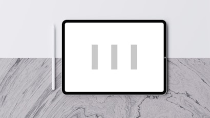 A digital tablet with a blank white screen displaying three vertical grey bars. A white stylus is positioned to the left of the tablet. The background is a textured grey and white surface with a subtle pattern.