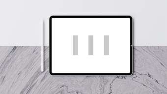 A digital tablet with a blank white screen displaying three vertical grey bars. A white stylus is positioned to the left of the tablet. The background is a textured grey and white surface with a subtle pattern.