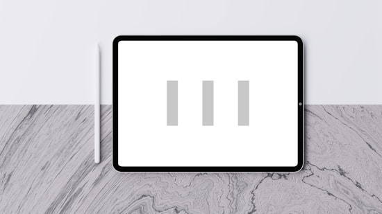 A digital tablet with a blank white screen displaying three vertical grey bars. A white stylus is positioned to the left of the tablet. The background is a textured grey and white surface with a subtle pattern.