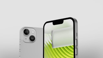 A modern smartphone displayed from two angles, showcasing both the front and back. The phone features dual cameras on the back and a green abstract background on the screen. The device has a minimalist design with sleek edges.