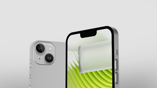 A modern smartphone displayed from two angles, showcasing both the front and back. The phone features dual cameras on the back and a green abstract background on the screen. The device has a minimalist design with sleek edges.